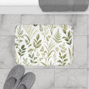 Watercolor Woodland Green Leaves Bath Mat, Boho Floral Dorm Bathroom Decor