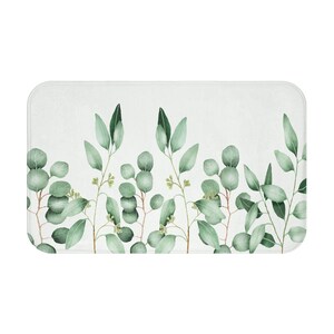 Custom Greenery Bath Mat, Boho, Hippie, Gift, Girl, Rustic, Name, Floral, White, Sage, Eucalyptus, Country, Dorm, Christmas, Abstract