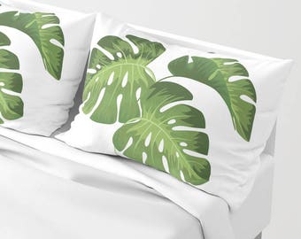 Decorative Tropical Throw Pillow cover or Shams - Monstera Leaves, Indoors, Outdoors, Christmas, Green, White, Classic, Gift, Dorm, Girl