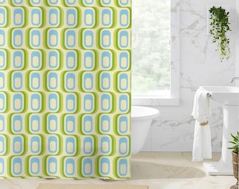 May include: A shower curtain with a retro geometric pattern in shades of green, blue, and cream. The pattern features repeating curved shapes.