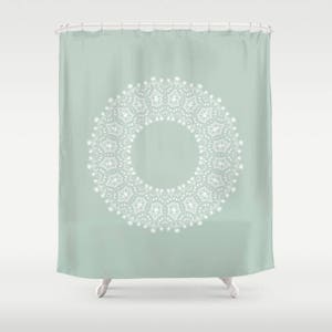Mandala Shower Curtain, White Pattern on Sage Green