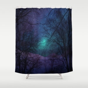 Shower Curtain - Into the Forest - 71&quot; by 74&quot;, Home, Bathroom, Bath, Dorm, Girl, Decor, Stars, Aurora, Blue, Sky, Turquoise, Tree, Branches