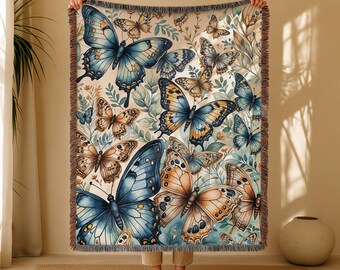 Butterflies Woven Cotton Blanket, Blue and Beige Tones, Family Keepsake, Tapestry, Rug