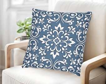Blue and White Decorative Throw Pillow Cover, Floral Mandala Accent Pillow