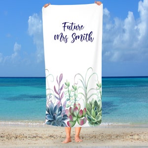 Personalized Beach Towel, Cotton, Polyester, Summer, Beach, Name, Bridal Shower Gift, Boho, Wedding, Honeymoon Gift, Succulents, Gift