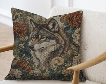 Wolf Portrait Woven Decorative Throw Pillow, Woodland Animal Boho Cushion, Sewn with Insert
