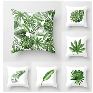 Tropical Leaves Throw Pillow Cover, Green Botanical Print, Double-Sided