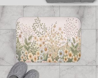 Daisy Meadow Bathmat, Boho Floral Memory Foam Bathroom Rug
