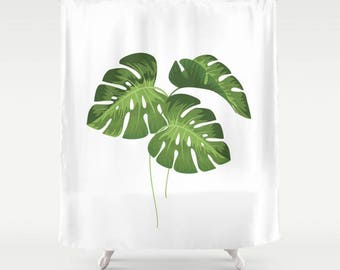 Shower Curtain - Monstera Leaves - 71x74 Inches (WxH) Home Bathroom Bath Dorm Girl Kids Christmas Decor White Green Gift Abstract Tropical