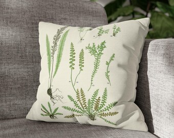 Fern Leaves Throw Pillow Cover, Green & White Botanical Design