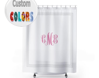 May include: White shower curtain with a gray border and a pink monogram "CME" in the center. The text "Custom Colors" is visible in the top left corner of the image.