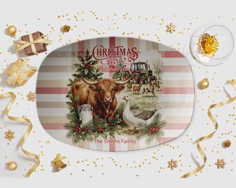 Christmas on the Farm, Personalized Christmas Serving Platter, Highland Cows and Geese