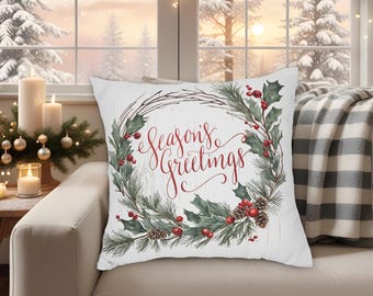 Season's Greetings Christmas Throw Pillow Cover, Greenery Wreath, Red Berries