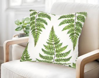 Fern Leaves Throw Pillow Cover, Green & White Botanical Print