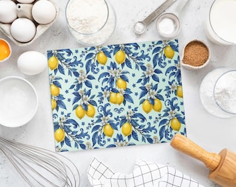 Lemons with Blue Leaves Tempered Glass Cutting Board, White Flowers, Kitchen Decor