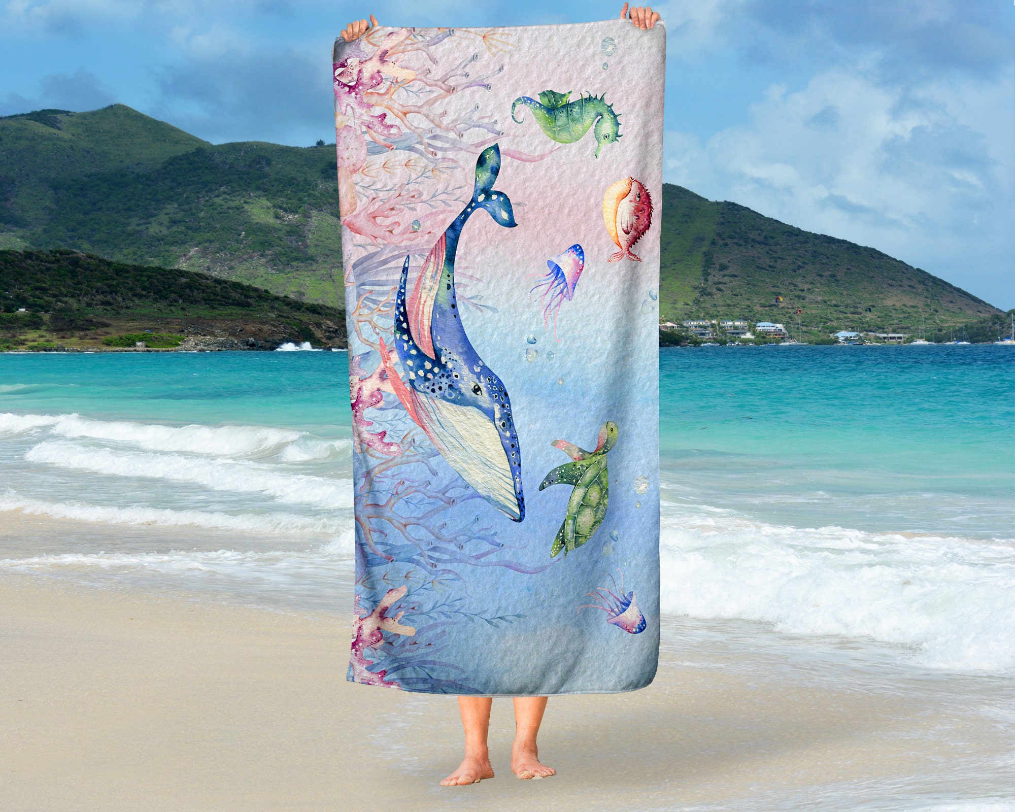 Personalized Underwater World Beach Towel, Sea Creatures Poly