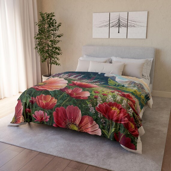 Alpine Flowers Sherpa Fleece Throw Blanket, Red Lupine Farm Decor