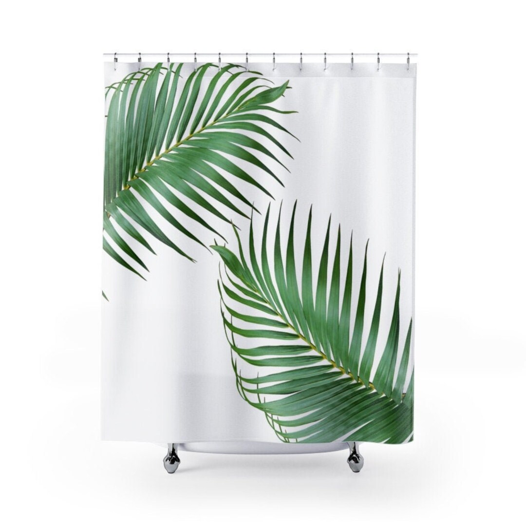 Tropical Palm Leaves Shower Curtain, 71 X 74, Green, White, Rustic