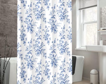 Blue Toile Shower Curtain, French Country Floral Pattern, Vintage Shabby Chic (71x74 inches)