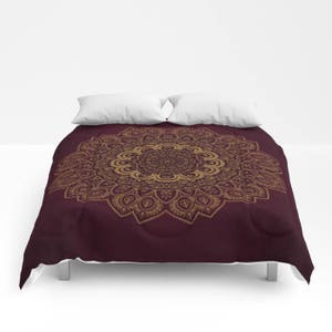Boho Mandala Duvet Cover, Burgundy Red & Golden Yellow