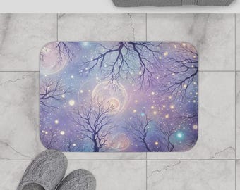 Starry Night Bathmat, Abstract Memory Foam Bathroom Rug, Purple Bath Decor