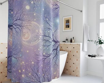 Starry Night Shower Curtain, Abstract Bathroom Decor, Purple Lavender Design