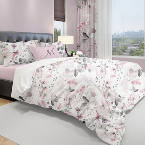 Personalized Floral Duvet Cover, Pink & Grey Boho Nursery Decor