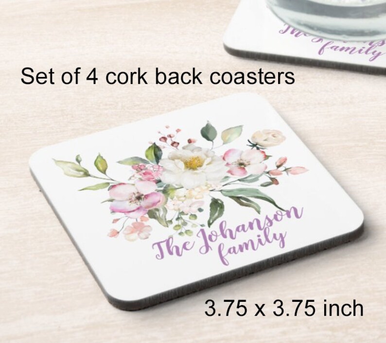 Housewarming gift Set of Four Coasters Family Name Gift Christmas Easter Abstract Flowers Accent Personalized Cork Board Coaster