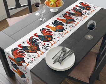 Colorful Roosters Table Runner, Thanksgiving Decor
