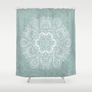 Shower Curtain Rustic Sage and White Mandala 71 by 74 inches Blue Symmetry Home Decor Bathroom Bath Dorm Girl Boho Mandala Hippie Bohemian