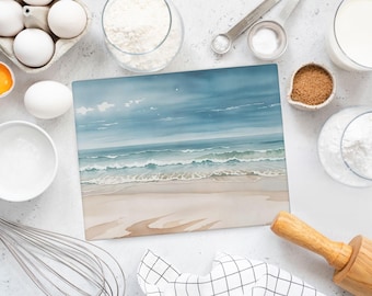 Ocean Sandy Beach Tempered Glass Cutting Board, Blue Waves, Kitchen Decor