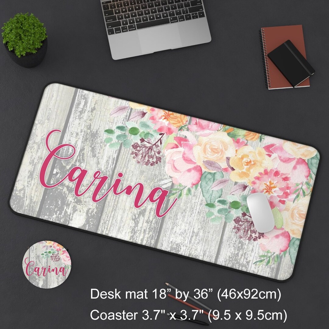 Personalized Pink Floral Desk Mat & Coaster, Monogram Name Gift - Etsy