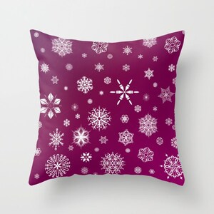 Decorative Throw Pillow Cover - Snowflakes, Purple, White, Christmas, Square, Rectangular, Double-sided print, Indoors, Outdoors, Snow, Kids