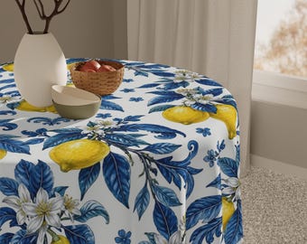 Yellow Lemons with Blue Leaves Tablecloth, Summer Dining Table Decor
