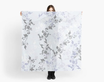 Blue and Grey Leaves, Shawl, Scarf, Gift, Mom, Woman, Girl, Girlfriend, Christmas, Satin Charmeuse, Matte Crepe, Polychiffon, Accessories