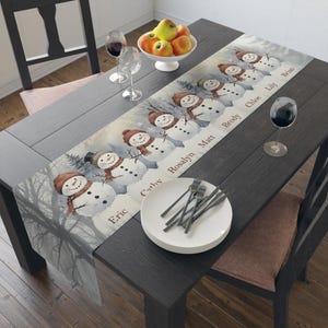 May include: A winter-themed table runner featuring a line of snowmen with personalized names. The snowmen wear hats and scarves. The runner is on a dark wooden table, with a bowl of apples, wine glasses, and plates.