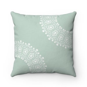White mandala Lace on Decorative Throw Pillow Cover or Shams, Square, Rectangular, Double-sided print, Indoors, Outdoors, Green, Gray, Gift