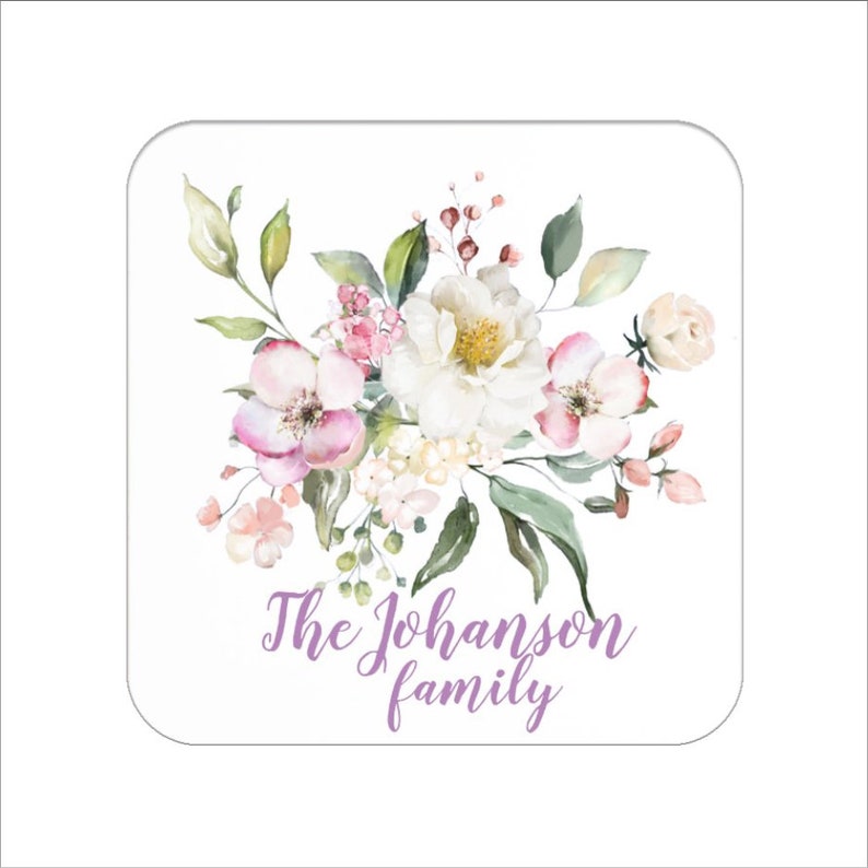 Housewarming gift Set of Four Coasters Family Name Gift Christmas Easter Abstract Flowers Accent Personalized Cork Board Coaster