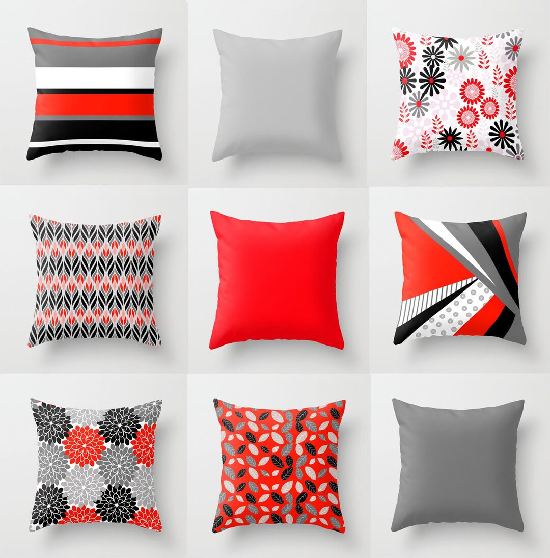 Red, Black and Grey Mix & Match Decorative Throw Pillow Cover, Floral ...