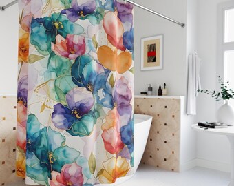 Watercolor Abstract Flowers Shower Curtain, Floral Bath Decor