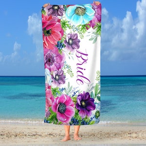 Personalized Floral Anemone Beach Towel, Boho Bridal Shower Gift