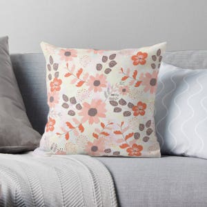 Floral Throw Pillow Cover, Orange, Pink, Taupe Flowers - Indoor/Outdoor