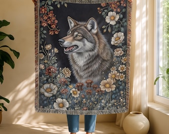 Wolf Woven Cotton Blanket, Woodland Animal Tapestry, Family Keepsake, Nature Inspired Retro Floral Design