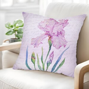 Purple Iris Flower Throw Pillow Cover, Watercolor Floral Design