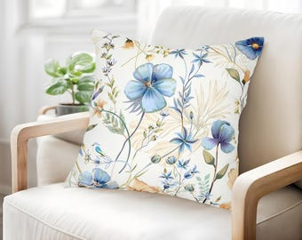 Blue Flowers Throw Pillow Cover, Floral Accent Pillow
