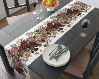 Burgundy and Pink Flowers Table Runner, Watercolor Floral Design, Personalized Farmhouse Easter Decor