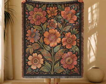 Folk Art Flowers Woven Cotton Blanket, Boho Tapestry, Family Keepsake