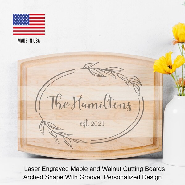 Personalized Family Name Maple Cutting Board, Laser Engraved Arched Wood