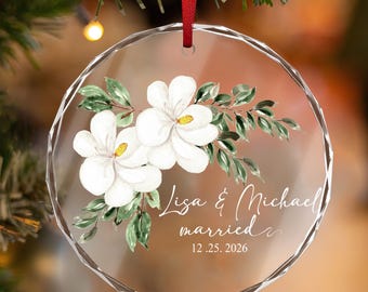 Personalized Crystal Glass Ornament, Magnolia Blossoms, Married Couple Keepsake