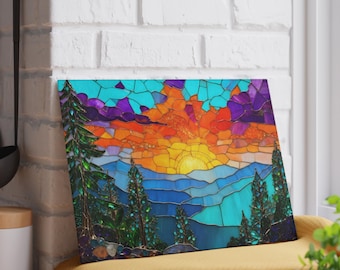 Mountain Sunrise Tempered Glass Cutting Board, Boho Kitchen Counter Art, Abstract Home Decor